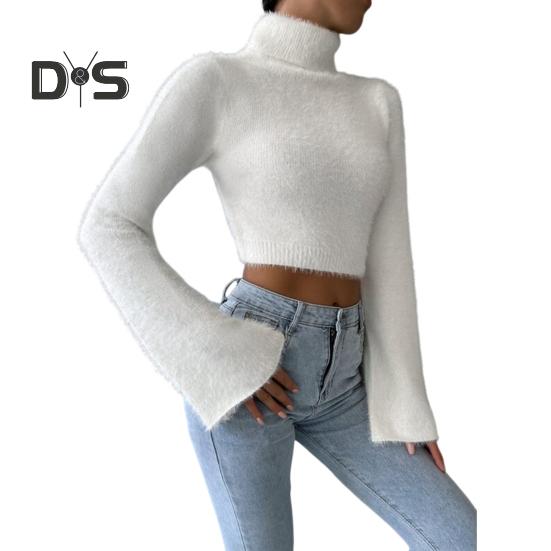 Женский укороченный свитер с высоким воротником, расклешенный, с длинным рукавом, однотонный, облегающий, повседневный, топы с открытым пупком, трикотаж M