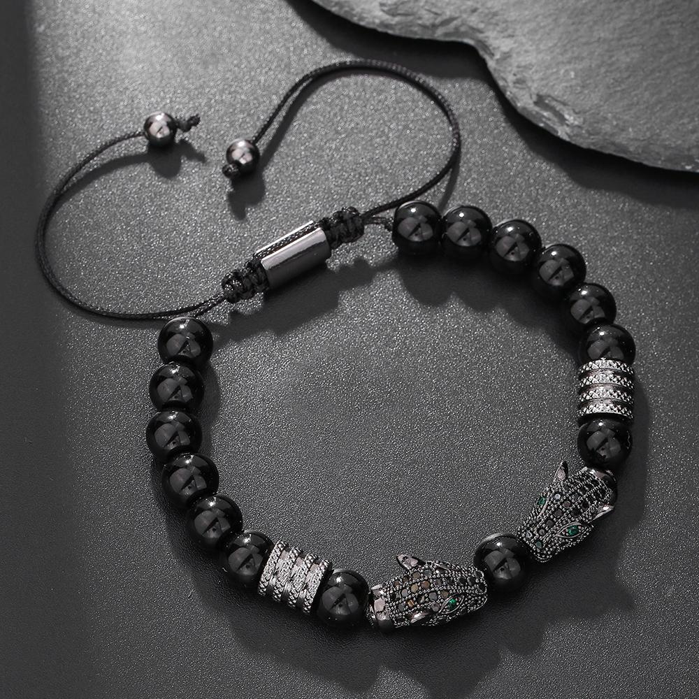 A men's handmade beaded braided bracelet, leopard head vintage jewelry suitable for men's daily wear
