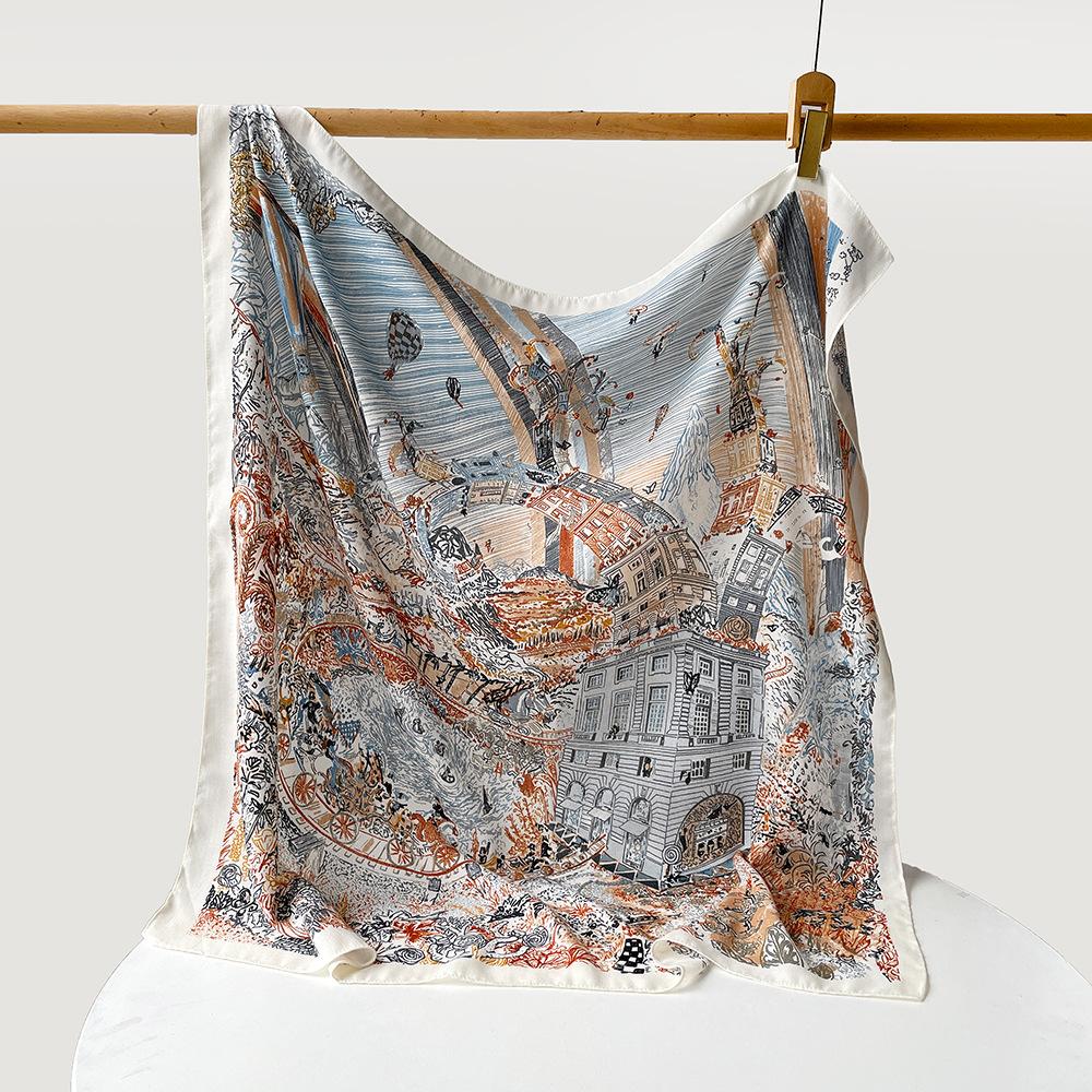 Fashionable Women’s Herringbone Silk Scarf, 90cm Square Shawl, Printed, Versatile Headscarf
