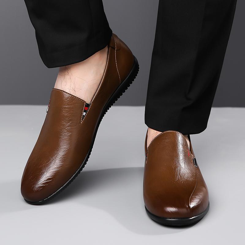 Leather Shoes Comfortable All-Season Footwear Men'S Slip-On Driving Shoes Soft Upper Casual Round Toe Low Heel Fashionable