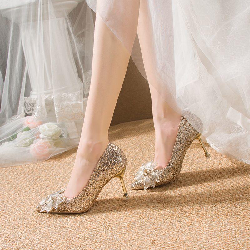 stiletto bow bridesmaid crystal high heels Mary Jane single shoes French wedding dress wedding shoes 2025 spring and autumn new