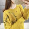 Loose spring and autumn women's hollow topShort round neck embroidered knitted sweater versatile and fashionable base shirt