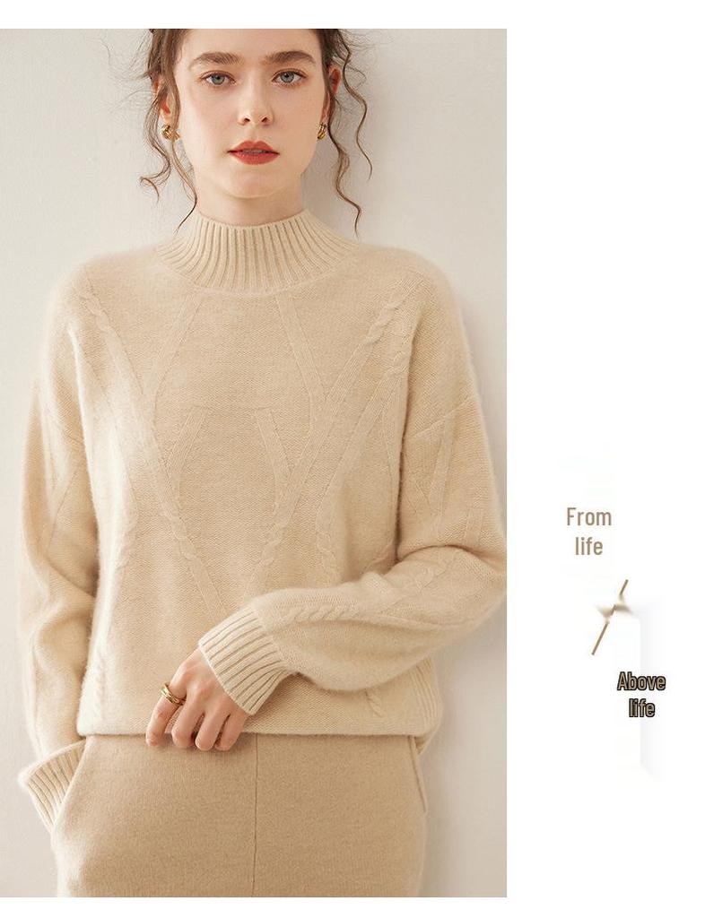 Women's Cashmere Jacquard Half-High Neck Pullover - Loose Fit with Drop Shoulder and Long Sleeves