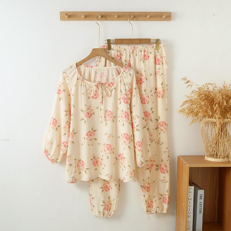 Pure cotton pajamas women's long-sleeved thin loose round neck pullover sweet crepe cotton spring and autumn loungewear suit outer wear