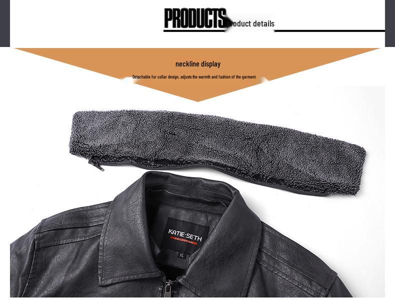 Men's European Winter PU Leather Jacket with Velvet Collar - Large, Warm, Windproof Motorcycle Style