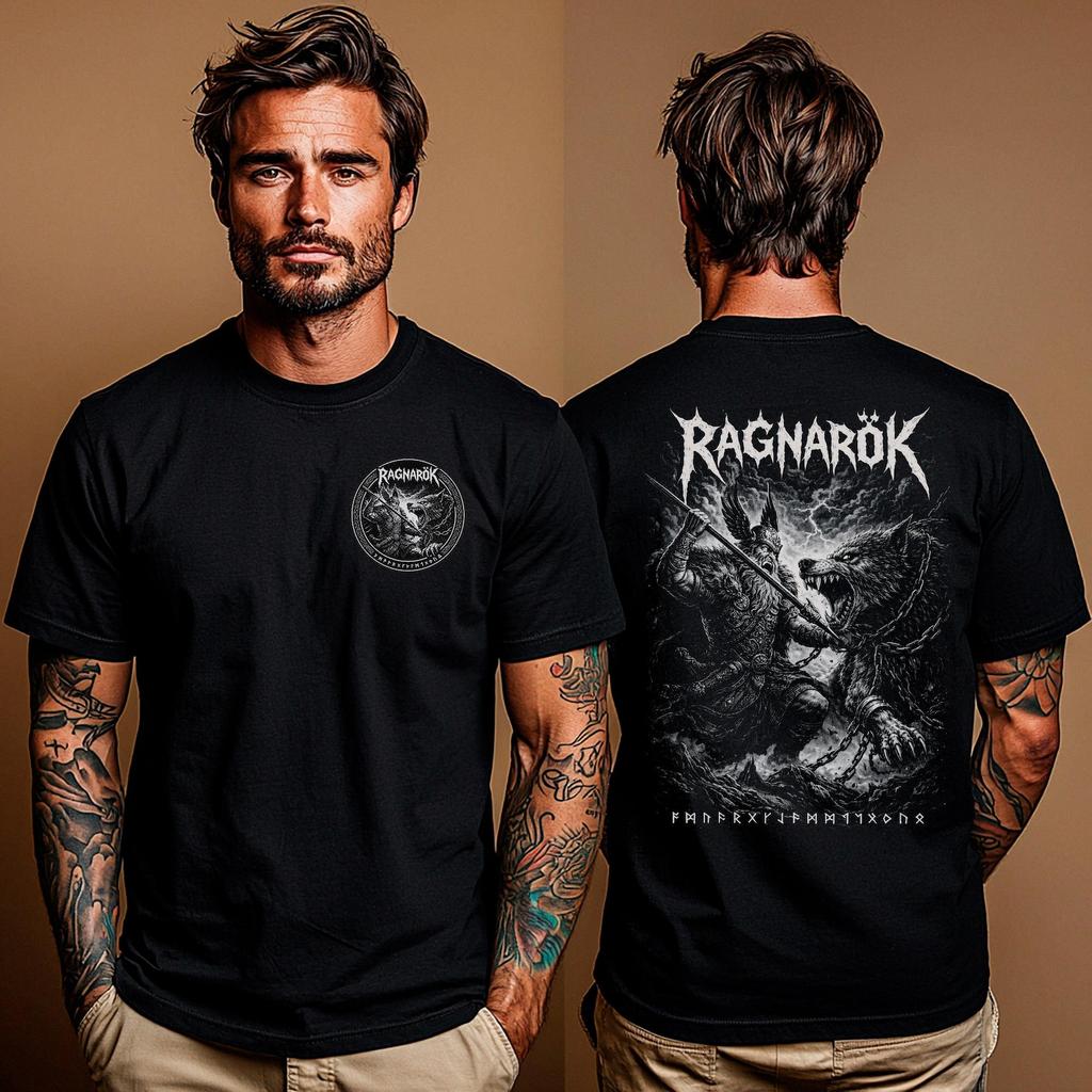 Ragnarök Wikinger Shirt: Odin vs. Fenrir Wikinger-Mythologie T-Shirt | Wikinger Ragnarök Kampfshirt | Nordisches Heidnische Wolfsshirt | Metalhead Kleidung