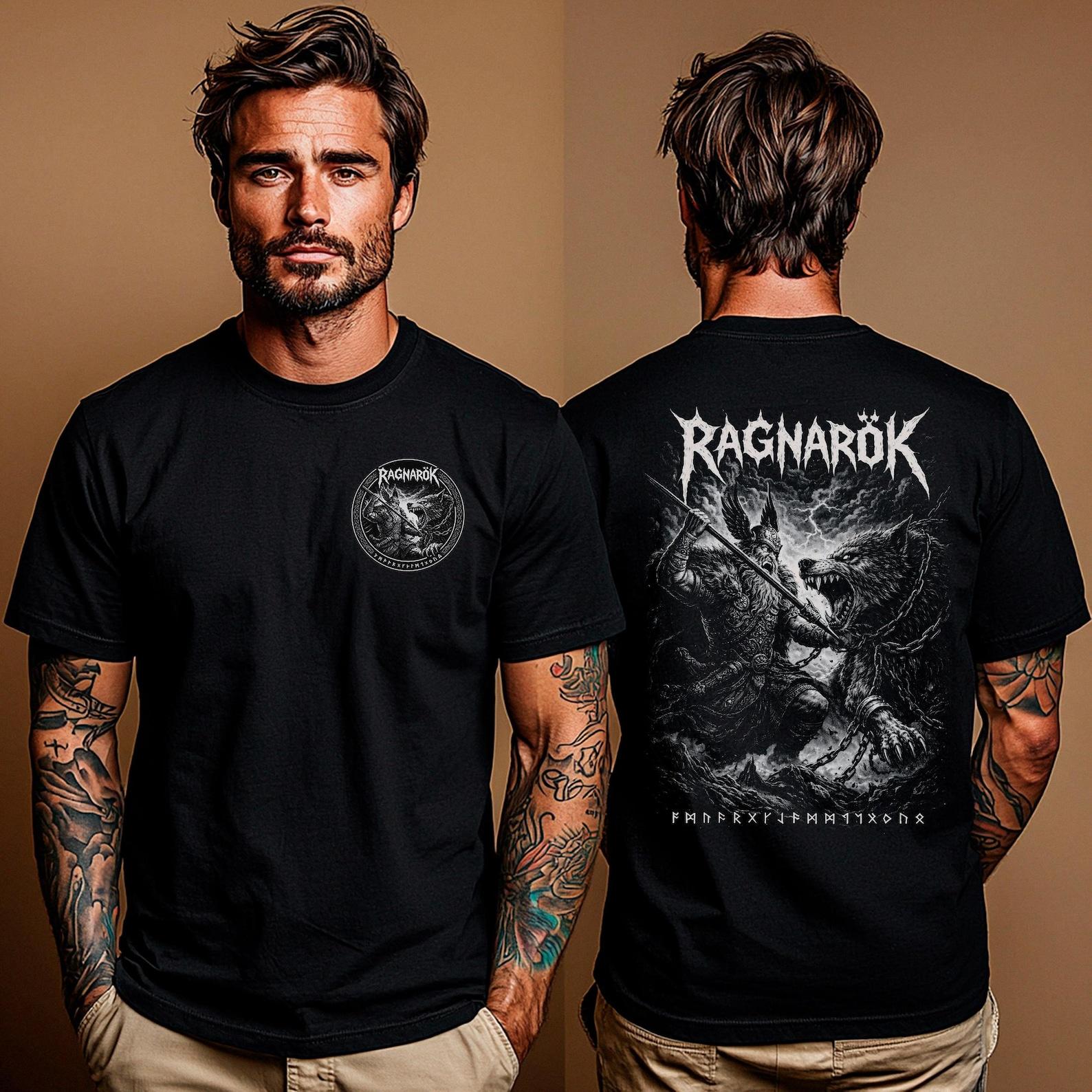 Ragnarok Viking Shirt: Odin vs Fenrir Norse Mythology Tee | Viking Ragnarok Battle Shirt | Nordic Pagan Wolf Shirt | Metalhead Apparel XL