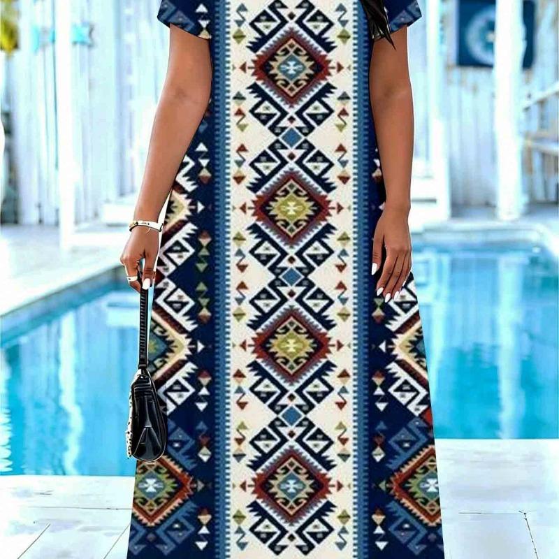 Bohemian-style geometric print maxi dress, casual long dress for summer.