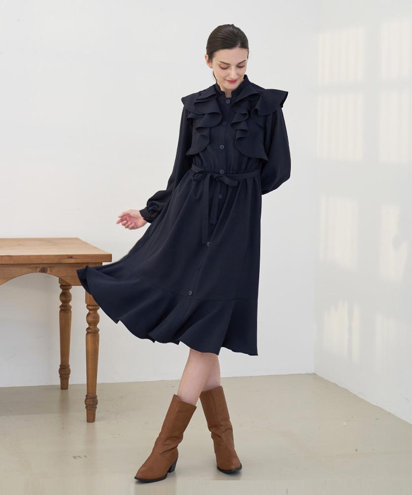 L By L Navy Frill Puff Sleeve Dress