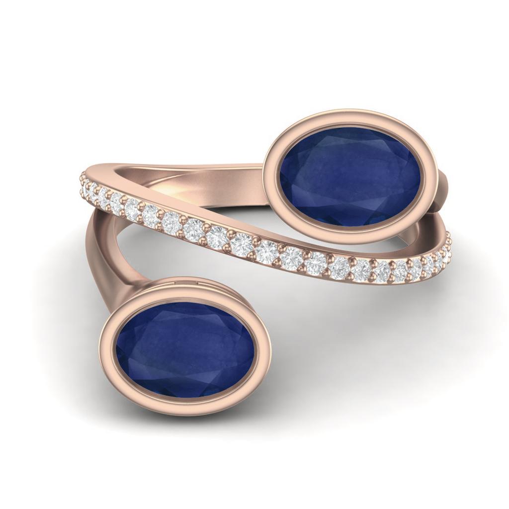 Dual Stone 925 Sterling Silver Rose Vermeil 2.36 Cts Oval Blue Sapphire Women Engagement Bypass Ring