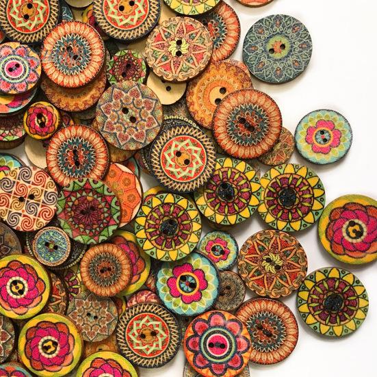 100Pcs Classic Vintage Flower Printed Wooden Button DIY Sewing Clothes Bag Decor