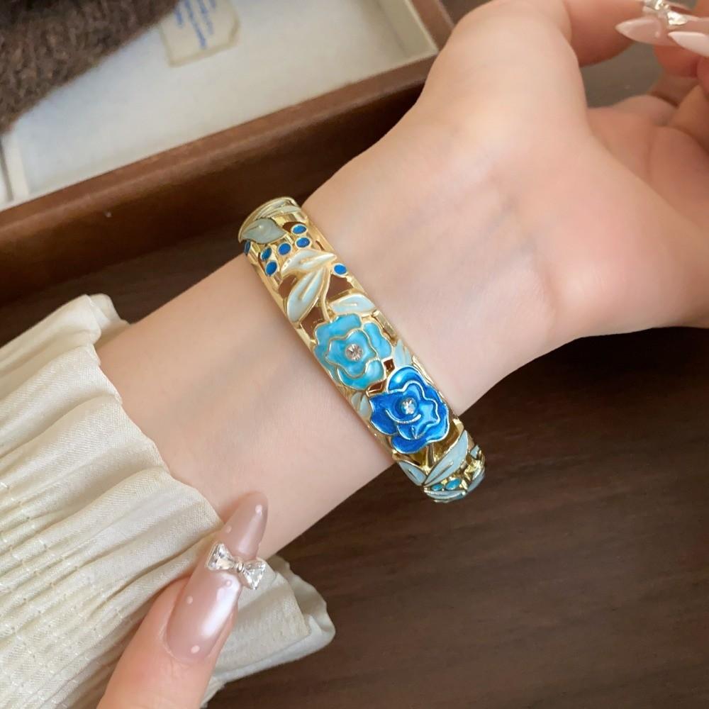 Hollowed Floral Vintage Cloisonne Bangle Enamel Women's Hand Bracelet Chinese Flower Bangle Ladies