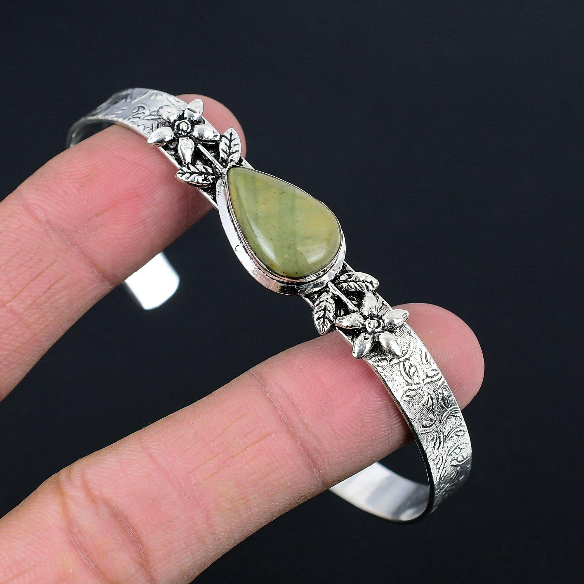 

Natural Polychrome Jasper Gemstone 925 Silver Bangle Flower Adjustable For Girls Adjustable