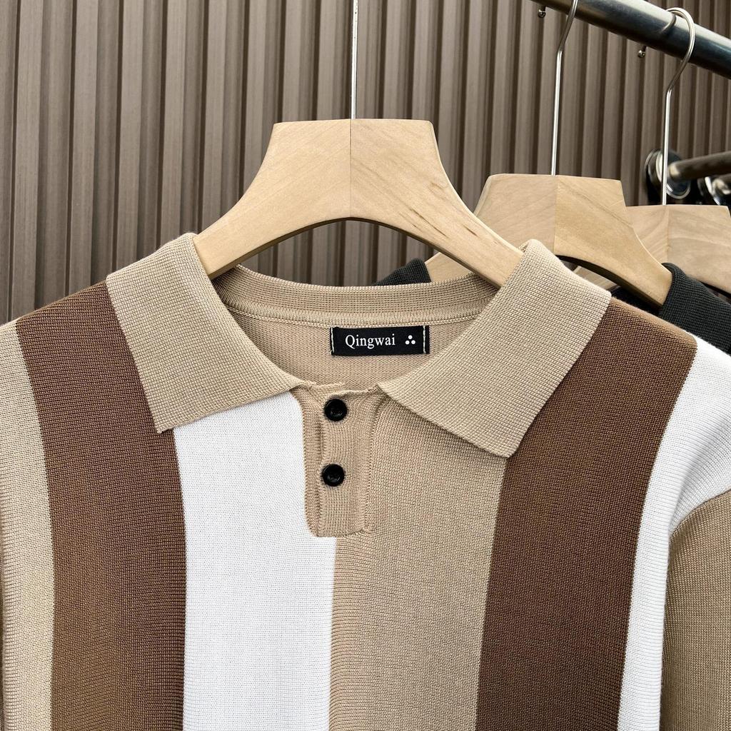 Men's Stylish Color Block Knit Polo Shirt - Hong Kong Style, Casual Autumn/Winter Wear