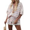 Completi Corti da Donna in Maglia a Due Pezzi Tute Loungewear a Righe a Contrasto di Colore Top a Crochet con Bottoni e Pantaloncini Set Coordinati