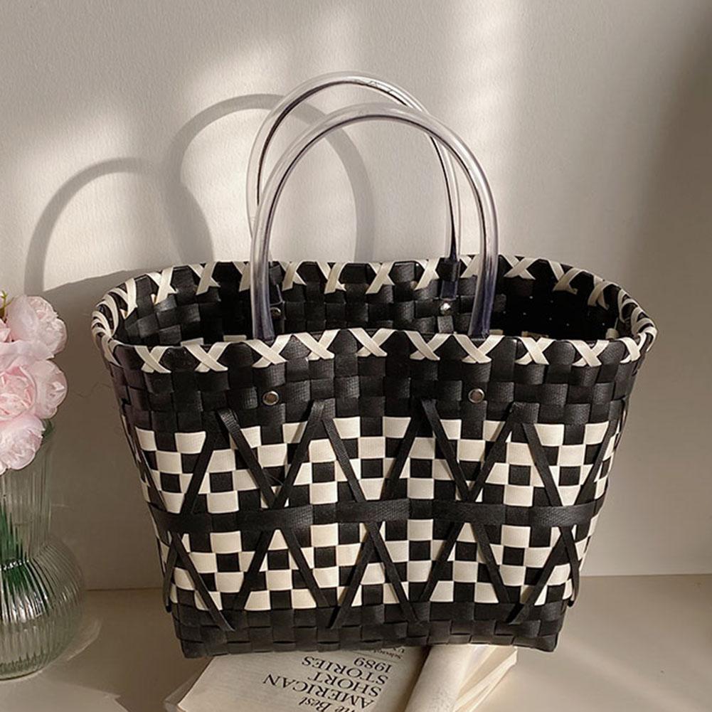 

Women Female Totes Large Summer Shopping Bags Handmade Weave Bucket Big Big Capacity PVC Weaving Tote Beach Top Handle Bags чорний