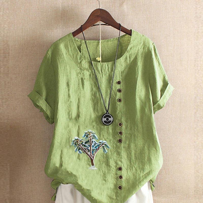 

Женская модная футболка с круглым вырезом и коротким рукавом с принтом дерева, повседневная хлопково-льняная рубашка с рисунком, свободная летняя блузка для отдыха, топы 5XL зелёный