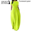 HNXC Women Casual Loose Long Dress O-Neck Short Sleeve Summer Beach Dress Elegant Party Dress