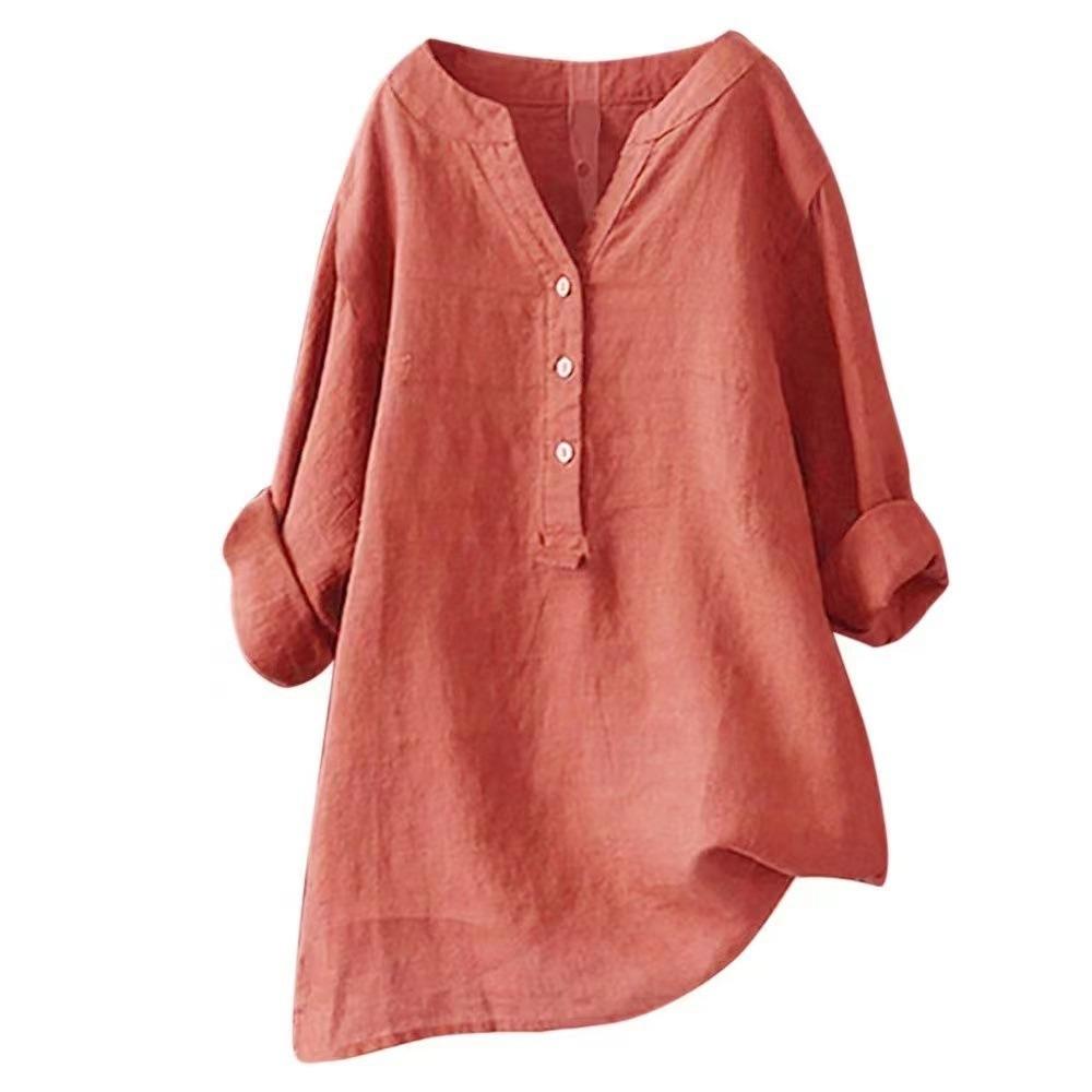 Women's V Neck Long Sleeve Linen Shirt Loose Fit Casual Commuter Blouse for All Occasions