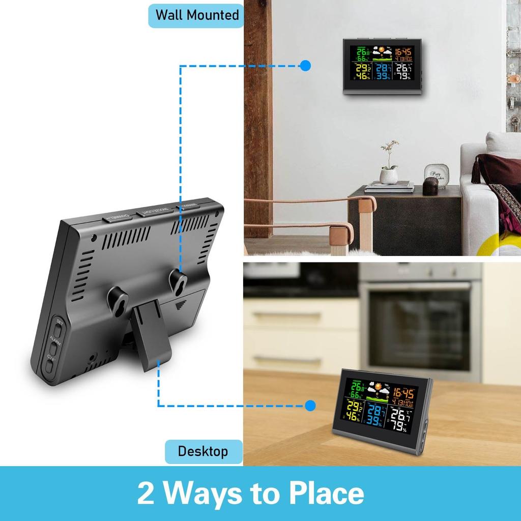 Digital Color Weather Station Clock with 3 Wireless Outdoor Sensor Indoor/Outdoor Temperature Humidity Monitor Weather Forecast