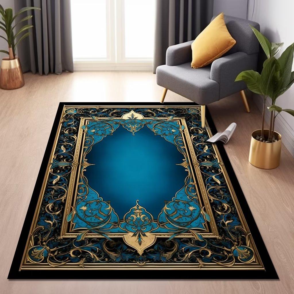 Islam Living Room Carpet Blue Luxury Decoration Home Rugs for Bedroom Soft Fluffy Flannel Carpet Anti-slip Large Area Pray Mat
