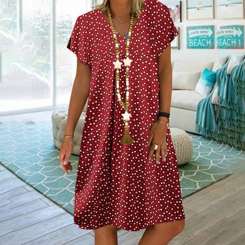 Women's Summer Casual Fashion Loose Printed Short Sleeve 2022 V-Neck Dress