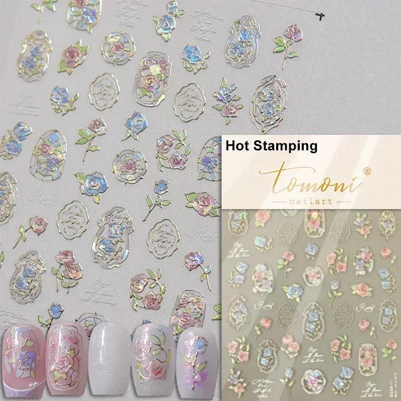 Cherry Blossom Pink Flower Sakura Spring 5D Nail Art Sticker Gold Stamping Soft Adhesive Relief Adhesive Chic Manicure Decals