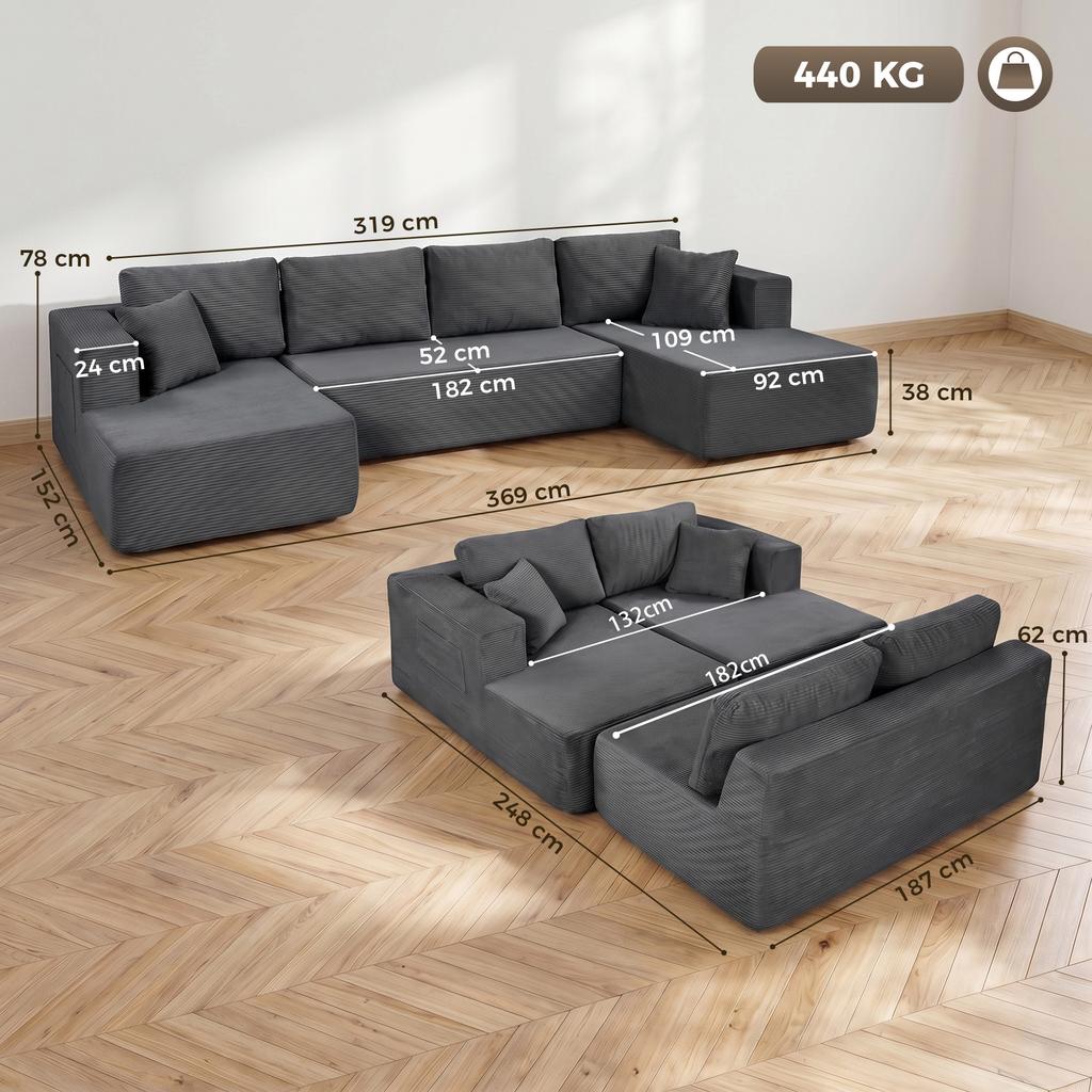 Modular U-Shaped Sofa for 4 People, 2 Chaise Longues, 2-Seater, 6 Cushions, 369 x 152 x 78 cm, Grey