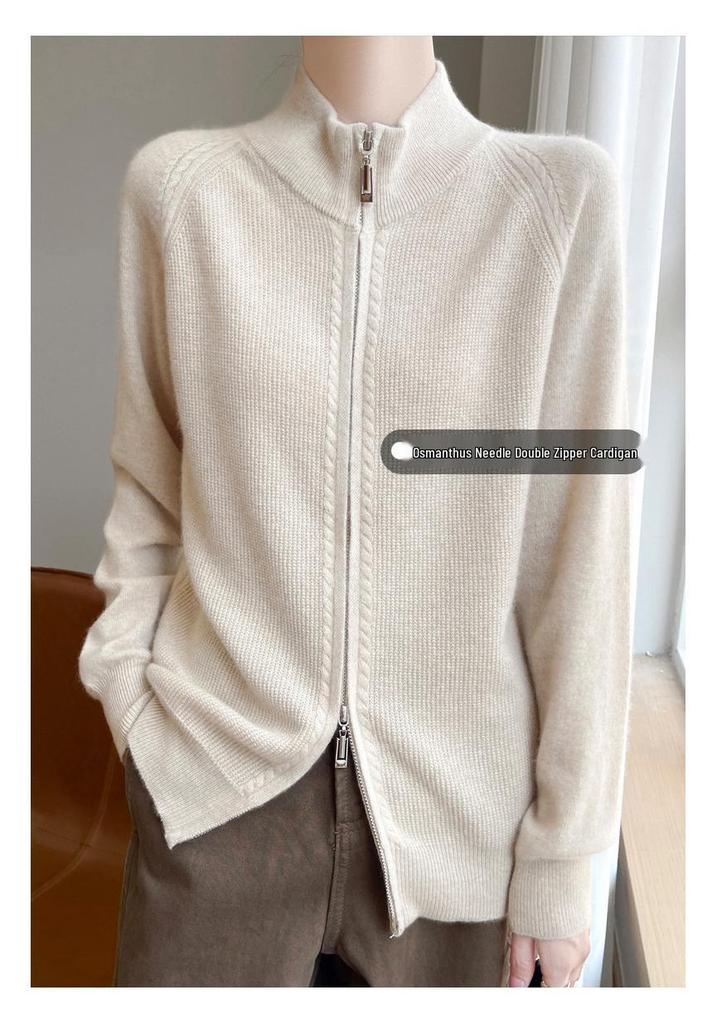 Women's Pure Wool Double Zipper Knit Cardigan - Stand Collar, Drop Shoulder, Versatile Cashmere Sweater for Autumn/Winter