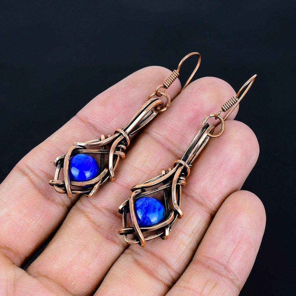 Lapis Lazuli 999 Copper Wire Wrapped Earrings, Handmade Gemstone Earrings Jewelry, Gifts For Wife Brand New Earrings