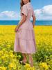 Womens V Neck Smocked Maxi Dress Short Sleeve Flowy Tiered Dress With Pockets