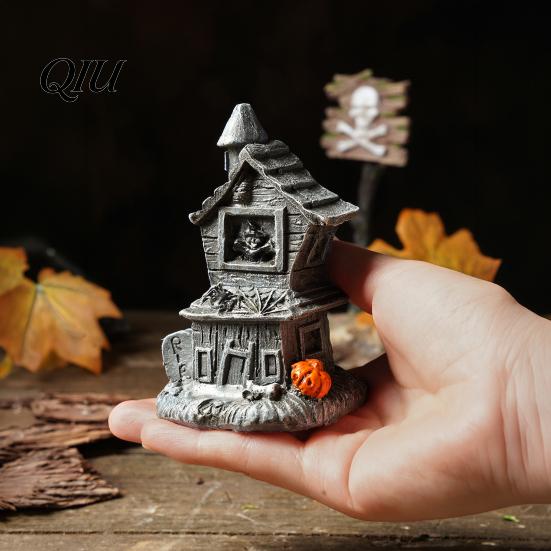 Skull Ornaments For Halloween Haunted House Ornament, Resin Miniature, Dark Shape Miniature Scene Decor with Elements Desktop Decoration for