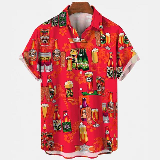 Camisetas Festival de Cerveza Harajuku para Hombre Estampado 3D Manga Corta Verano Estilo Hawaiano Playa Tops de Botón Único Solapa