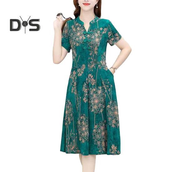 Women Summer Dress V Neck Long Sleeve Chinese Style Short Sleeves Printed A Line Pleated Pockets Knee Length Mid Aged Women Mother Midi Dress