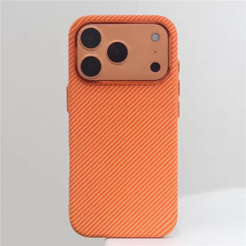 Orange Carbonfaser-Textur Legierungslinse Stark für Magsafe Handyhülle für iPhone 17 Pro Max Magnetisch Stoßfest Harte PC-Abdeckung