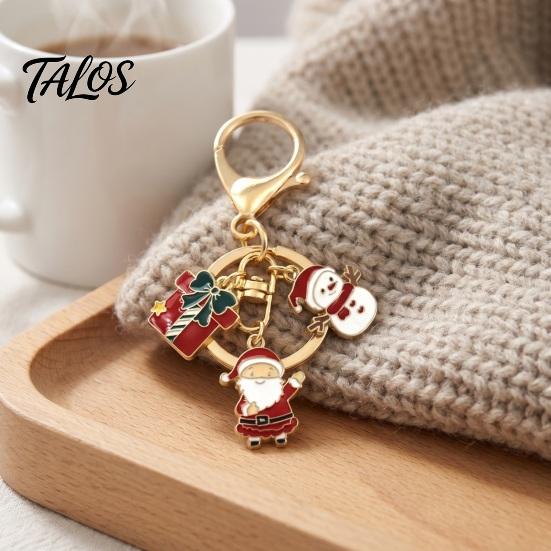 Christmas Ornament Santa Tree Snowman Keychain, Golden Plated Zinc Alloy Holiday Theme Keychain Handbags Decorative Accessory with Lobster Clasp Charm