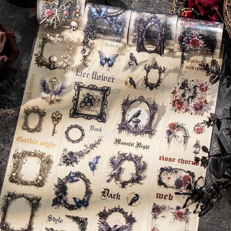 Journal GO 5x200cm Night Poem Vintage Gothic Flower Lace Border Collage PET Tape Stickers Creative DIY Journal Scrapbook Decals