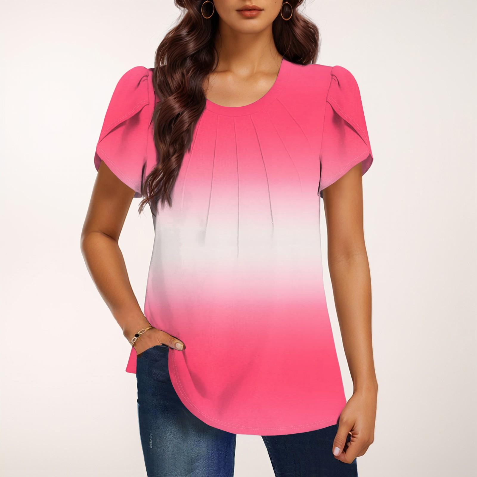 

Женская модная футболка с круглым вырезом и коротким рукавом с градиентным принтом, повседневная базовая плиссированная футболка-пуловер S розовый