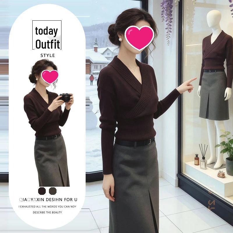 

Chic Two-Piece V-neck Knit Top & High-Waist Skirt Set - Women s Spring/Autumn 2026 Fashion S [80-95 lbs]