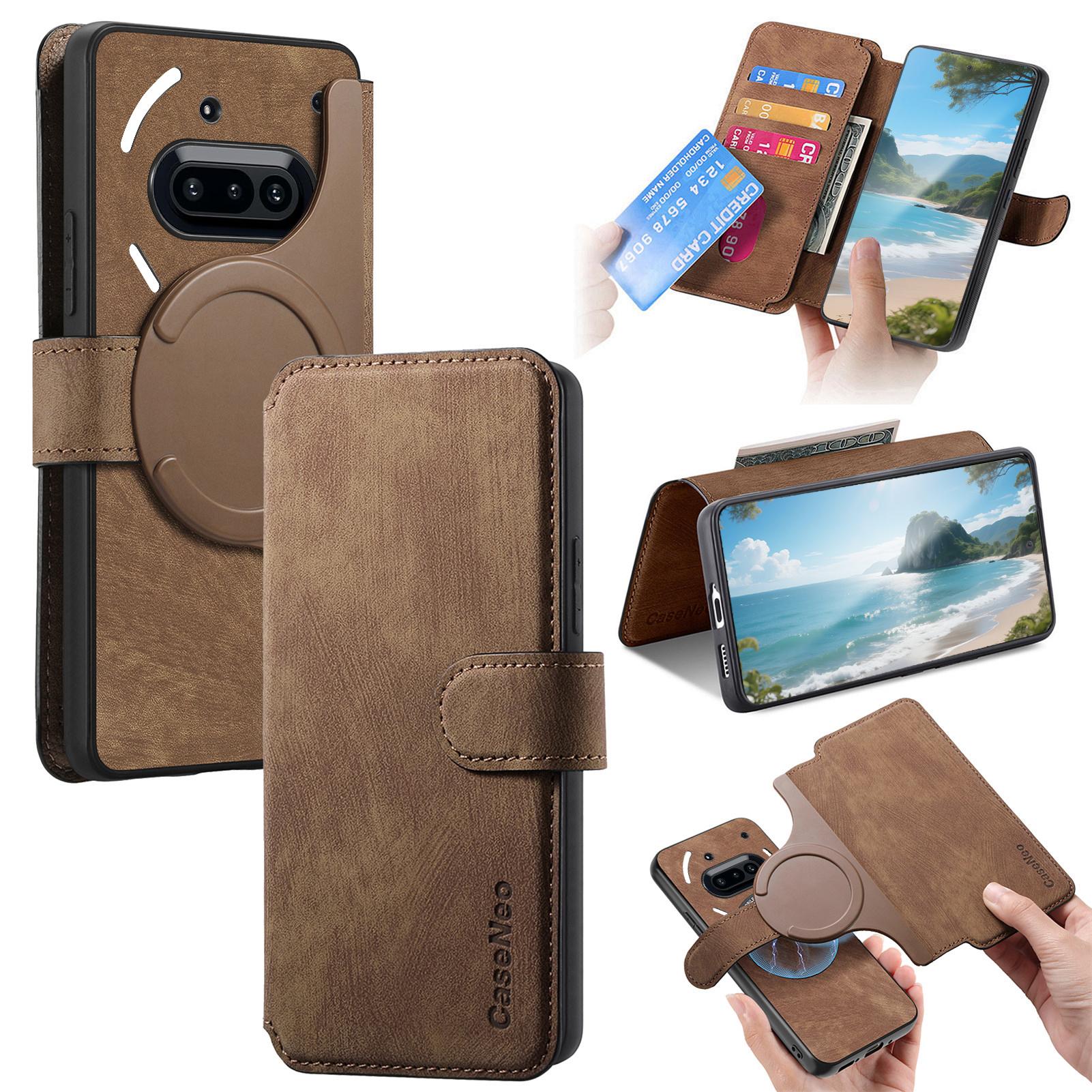 

For Nothing Phone (3a) Magnetic Case CASENEO Detachable Leather Phone Wallet Cover Brown