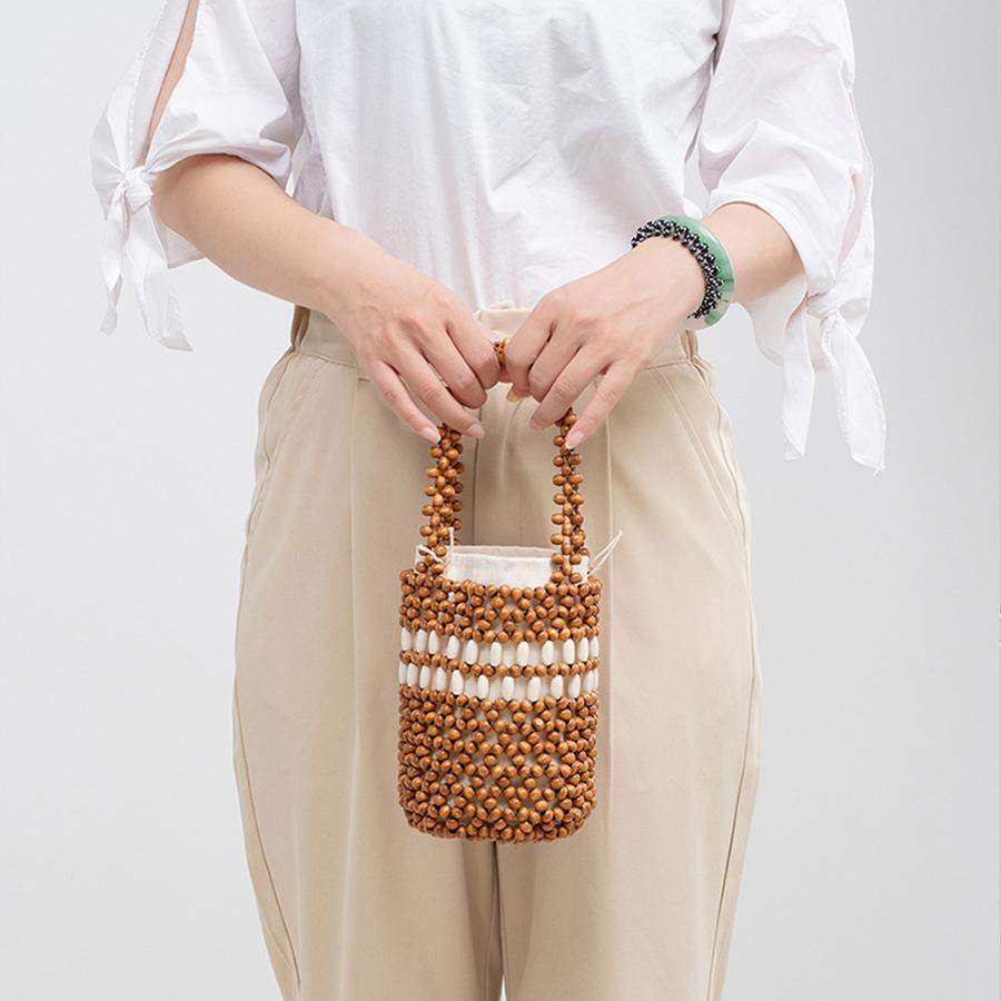 Borse Secchiello Casual Color Spiaggia con Perline Borse a Mano Estive Fatte a Mano con Perline di Legno Borse Tote Traforate per Donne Pochette da Signora