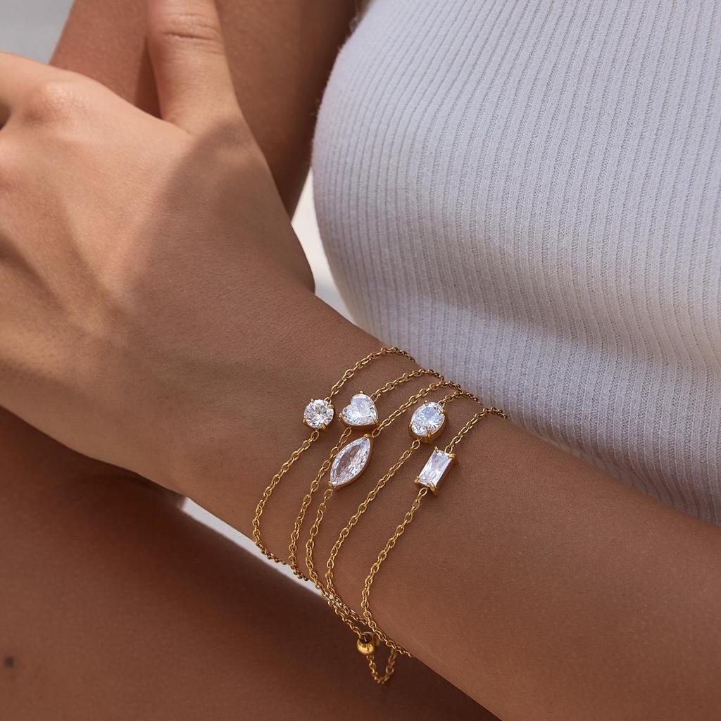 18K Gold Stainless Steel White Zirconia Adjustable Women's Bracelet - Multiple Styles