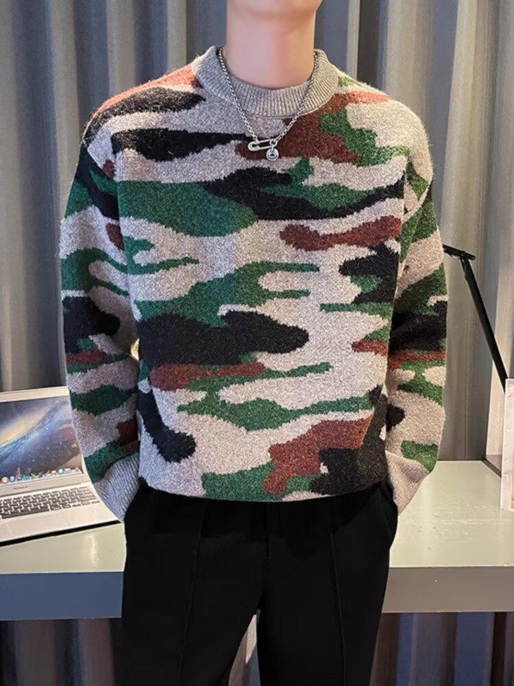 Men’s Autumn/Winter Camouflage Knit Pullover Sweater - Lazy Style, Thick, Trendy Casual Wear