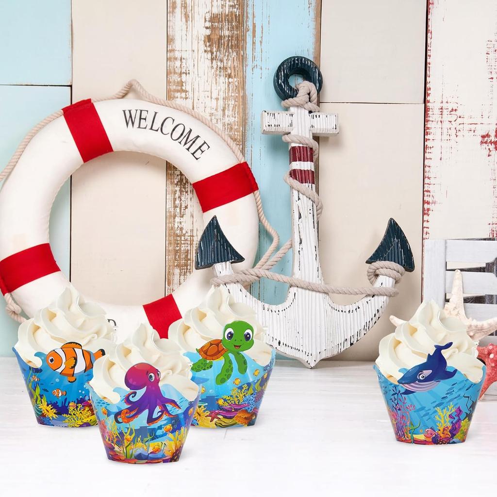 Whaline 36Pcs Sea Animals Cupcake Wrappers Colorful Ocean Animals Cupcake Liners Under the Sea Cupcake Holders for Summer Ocean Birthday Party