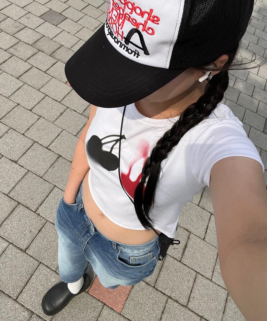 CHICKS Cherry Bloom Crop Slim Fit Short Sleeve T-Shirt White
