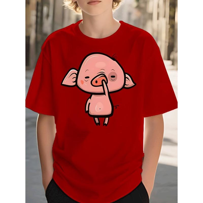European Sizes Round Neck Boys Clothing Casual Trendy Cartoon Pig Picking Nose Pattern T - Shirt Kids Wear for Boys Street Style Casual Wear