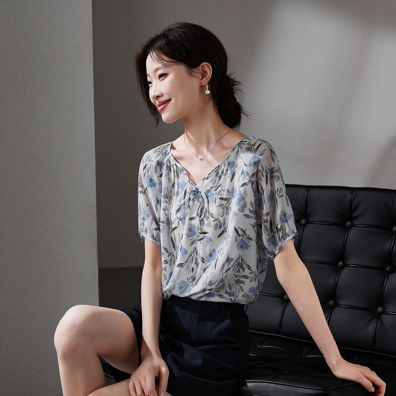 SOFSIL 2026 Summer Mulberry Silk Floral Print V-Neck Short Sleeve Blouse