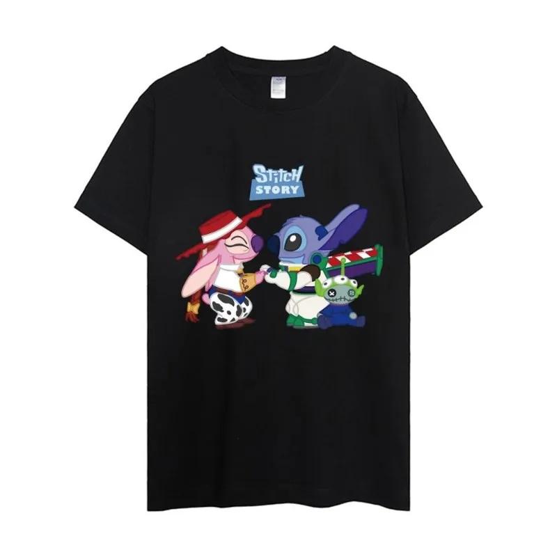 MINISO Disney Lilo Stitch T Shirt Men Couple Combination Clothes Short Sleeve Collar Fashion Woman Cotton