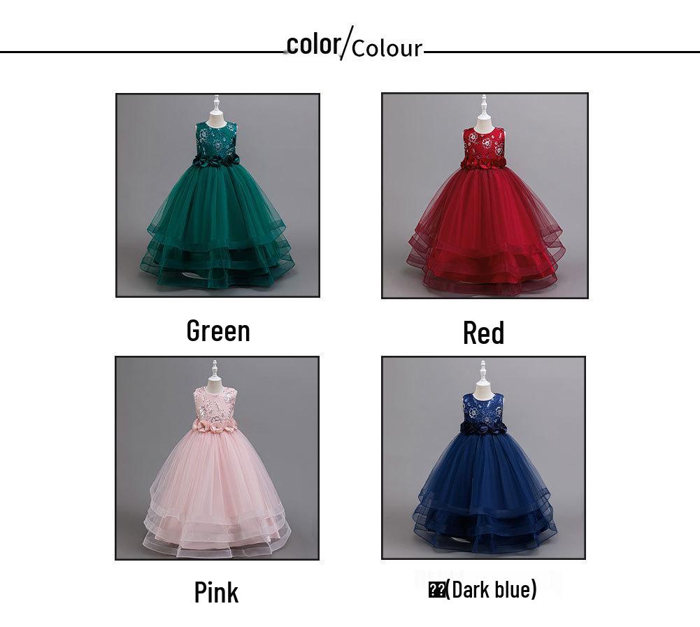 Girls' Red Embroidered Long Evening Dress - Christmas Princess & Performance Outfit