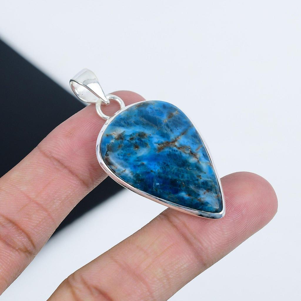 Natural Neon Blue Apatite Gemstone Silver Pendant In 925 Sterling Silver - Handmade Pear Design, Everyday Wear Jewelry Birthday Gift